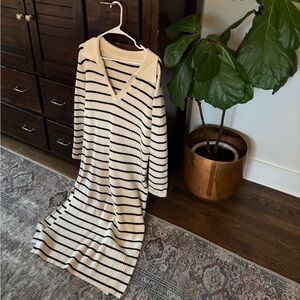 Striped Knit Collared Dress in Cream and Black